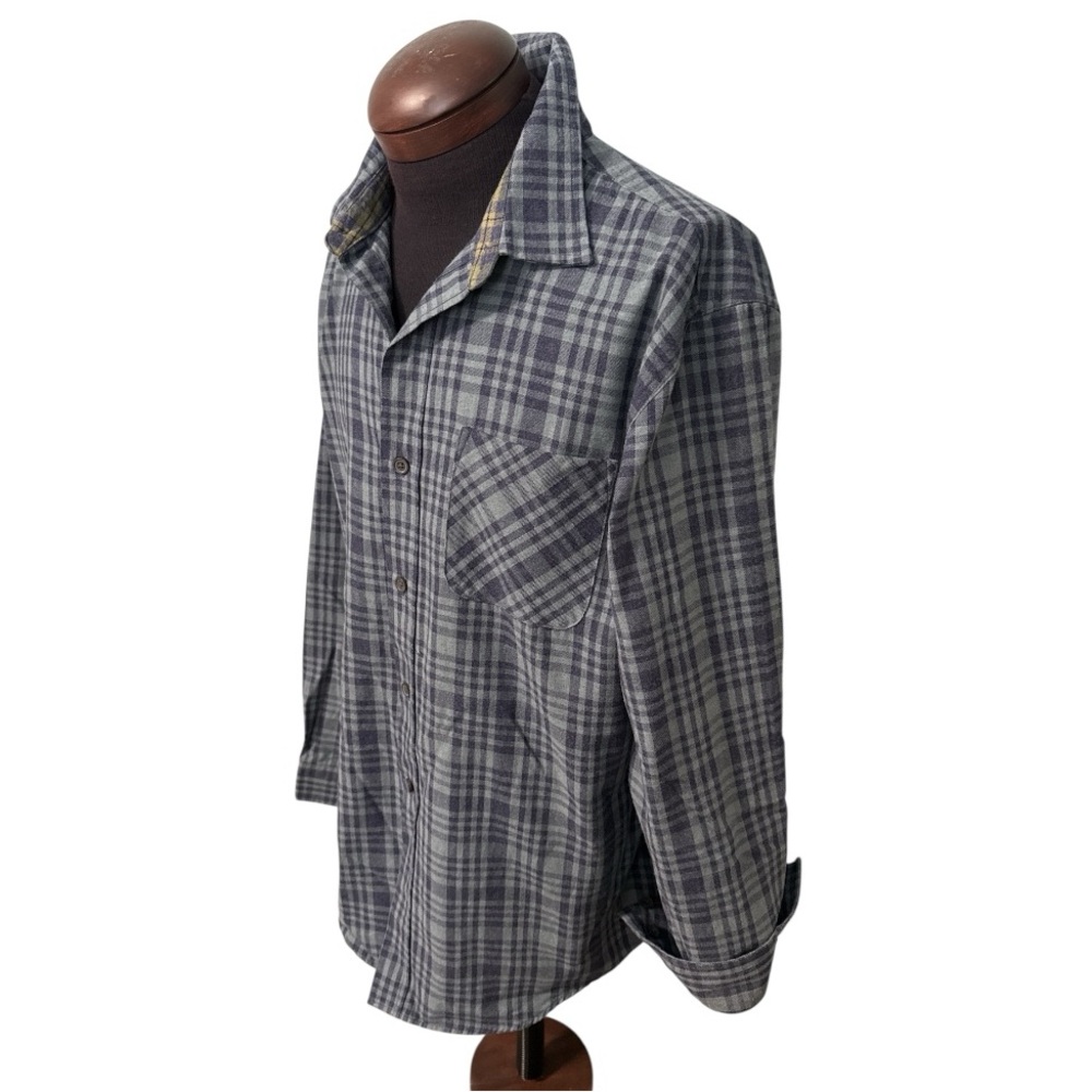 Blue Gray Plaid Cotton Button Down Shirt Casual Workwear menswear Size L outdoor